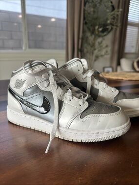Boys Nike Air Jordan 1 Mid Silver, White & Black Sneakers